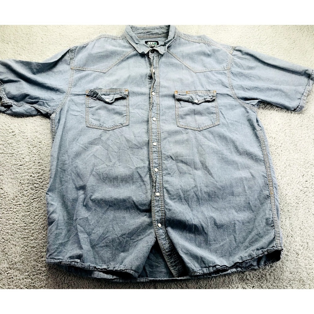 Vintage Key Shirt Mens 2XLT Blue Chambray Denim Short Sleeve Button Up Workwear‎